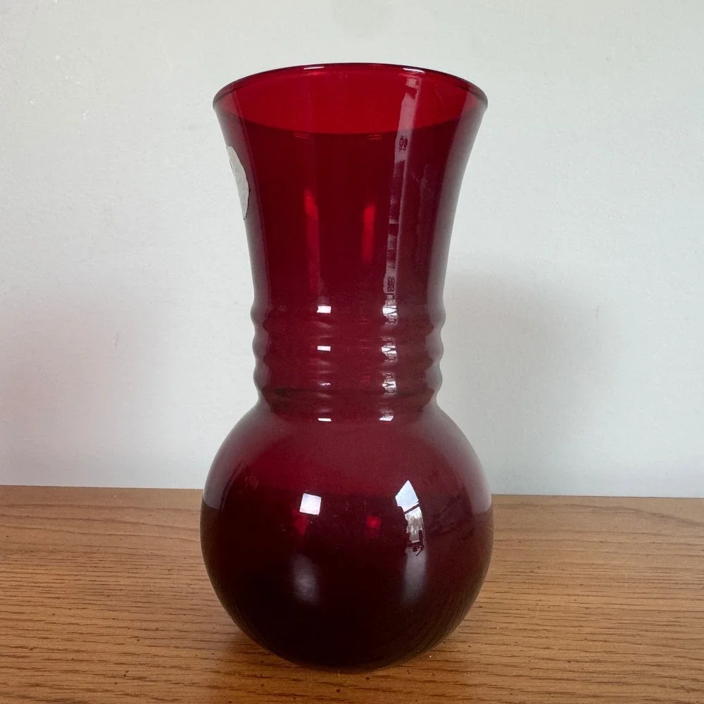Anchor Hocking Royal Ruby Red Glass Vase Ringed Neck‎ Vintage MCM